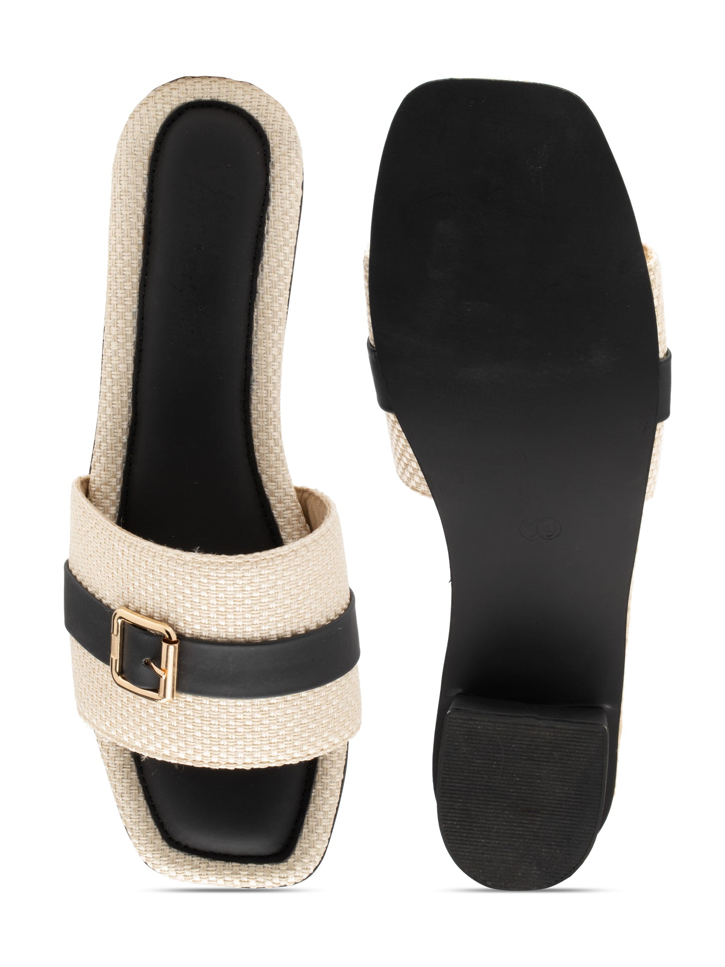 Cavora - Buckle Band Block Heels (Black & Beige)