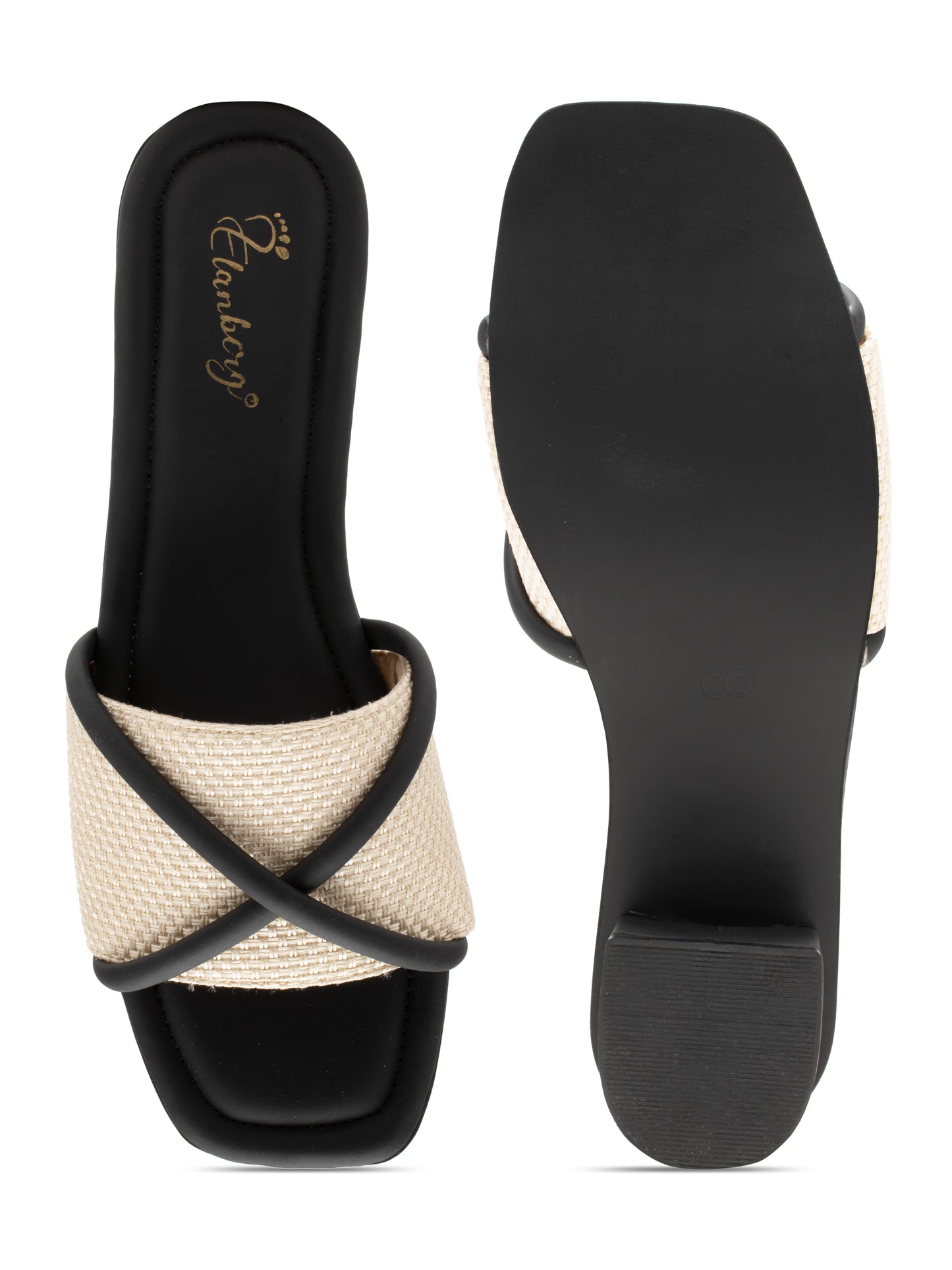 Noirix - Woven Corded Crisscross Block Heel Slides (Black & Beige)
