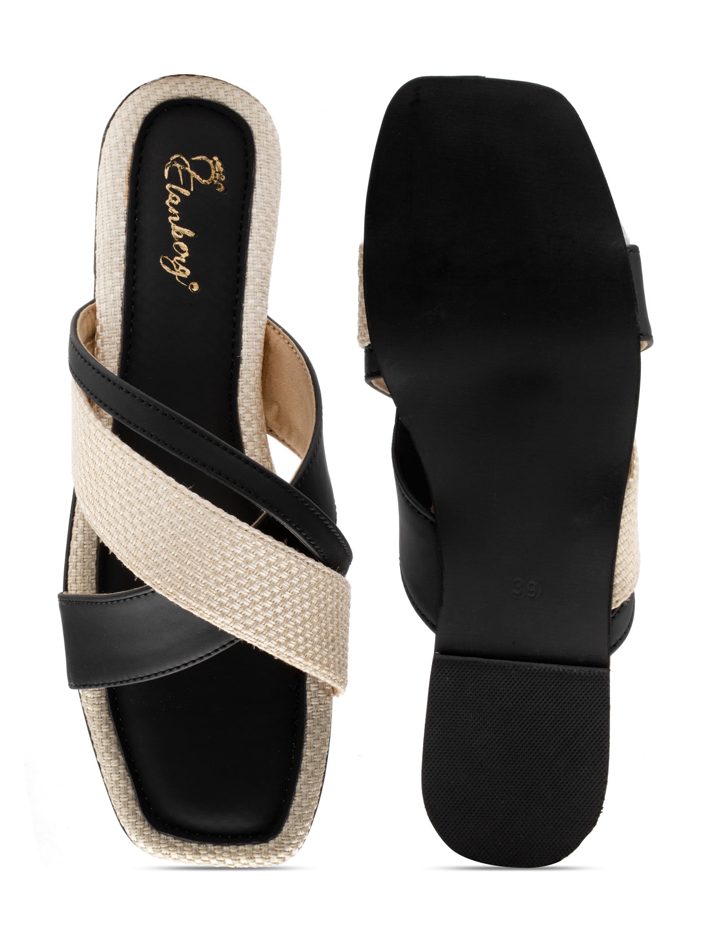 Noira - Square Toe Slip-On Flat with Dual Crisscross Straps (Black & Beige)