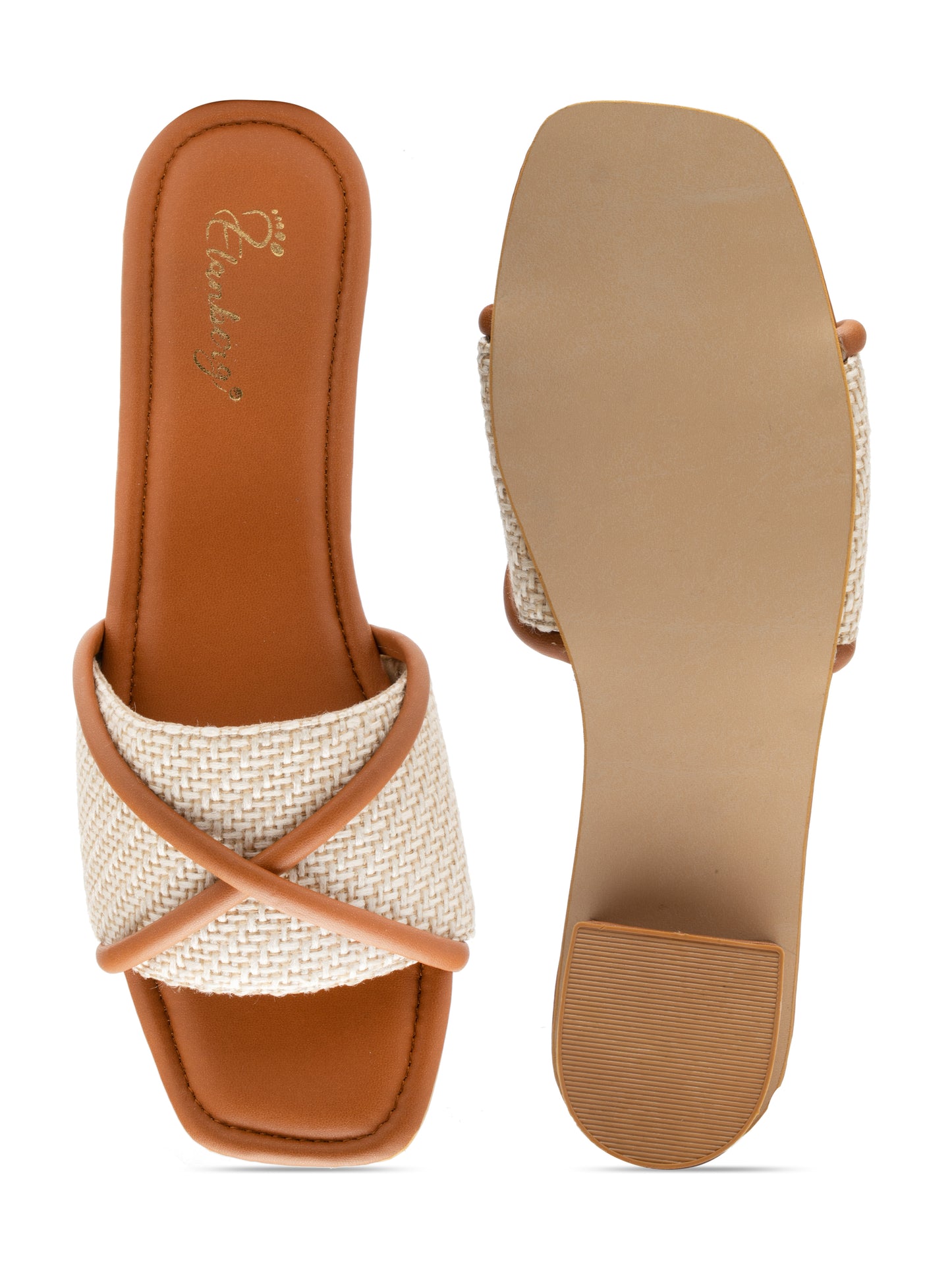 Solara - Woven Corded Crisscross Block Heel Slides (Tan & Beige)