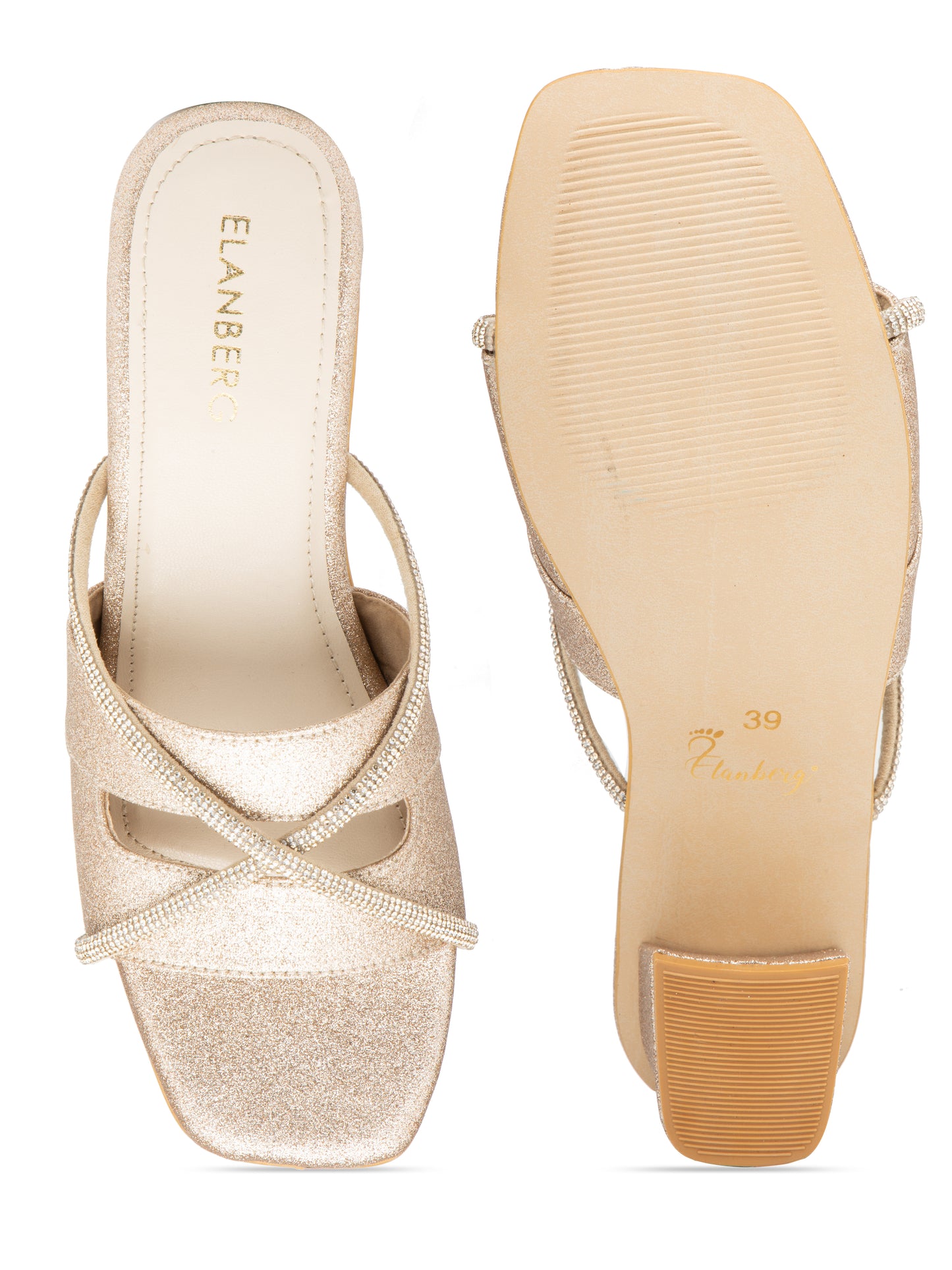 Auristel - Women’s Antique Gold Glitter Block Heels with golden Straps