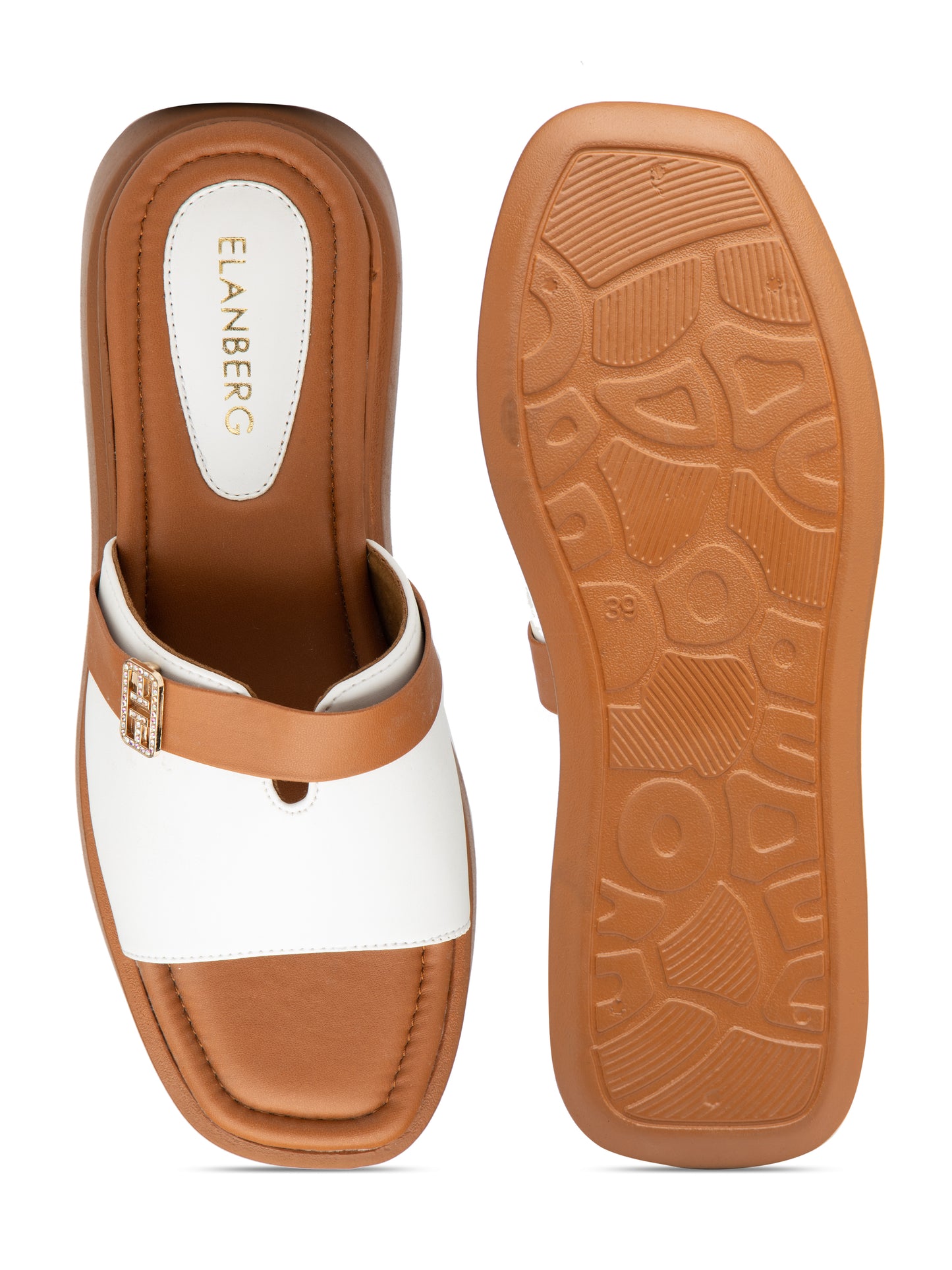 Carmela - White & Tan Luxe Slides with Golden Buckle Accent