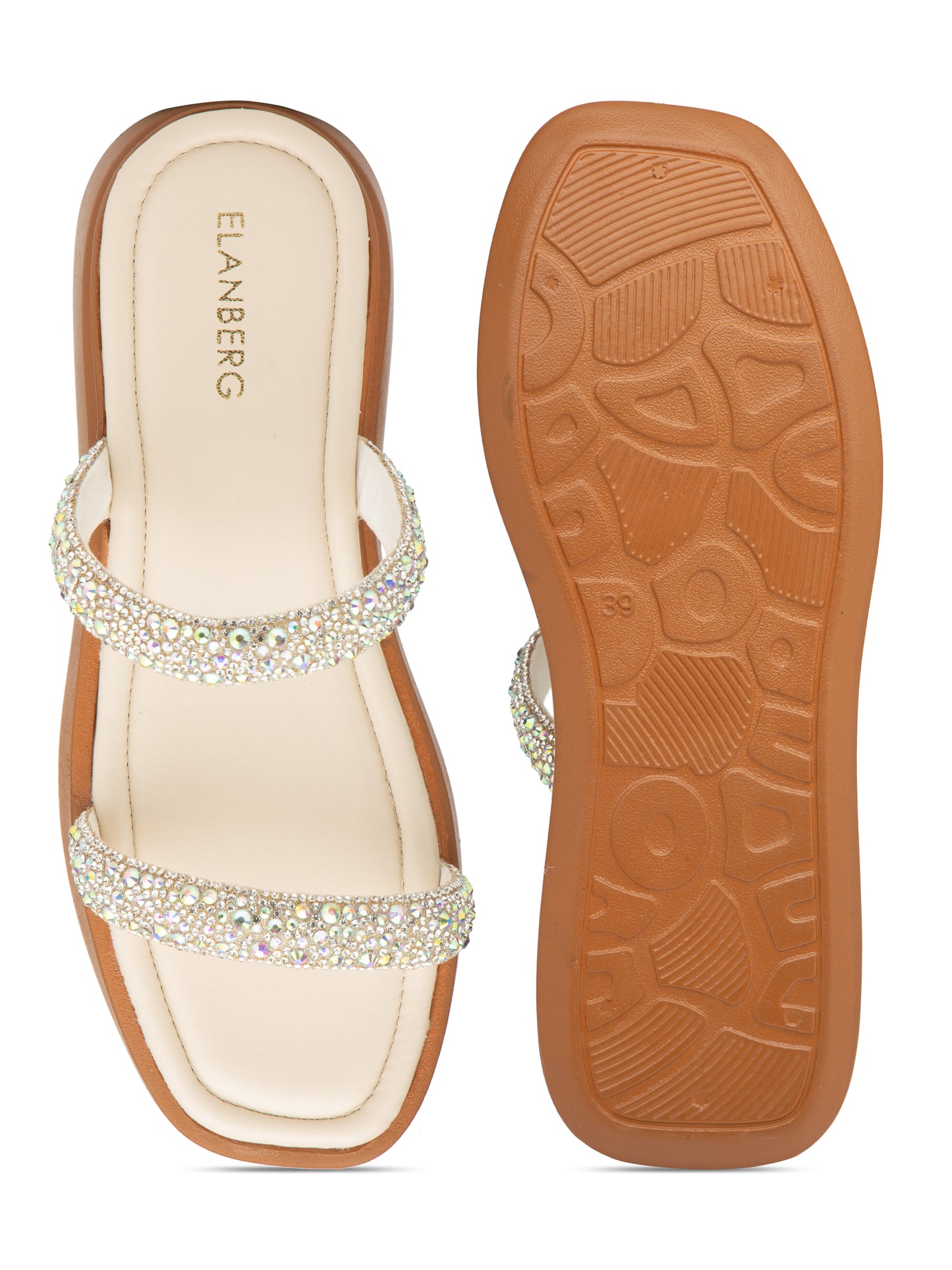 Celestia - Crystal-Embellished Double Strap Platform Slides (Tan Sole Edition)