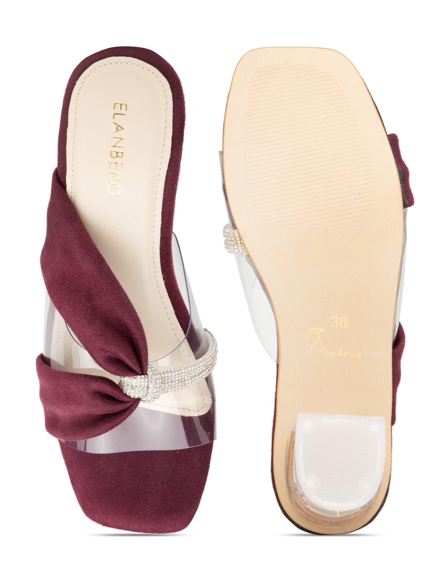 Serenya - Burgundy Suede Clear Strap Transparent Block Heels with Crystal Accent