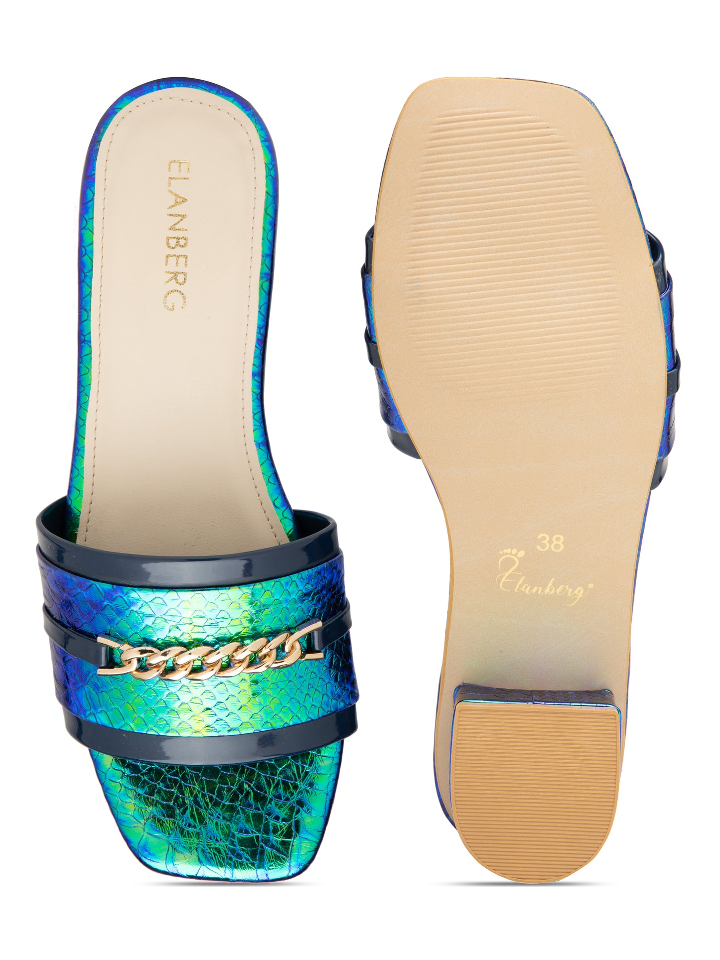 Iridessa - Women’s Iridescent Block Heels with Chain Detail (Blue Green)