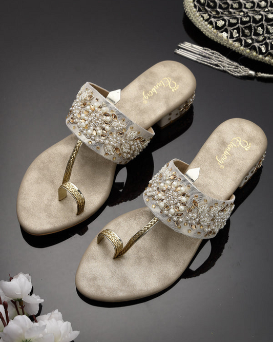 Motiya Kolhapuri Heel- Ivory