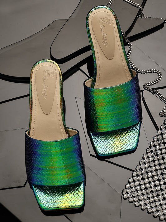 Emerald Square-Toe Heels- Metallic Green