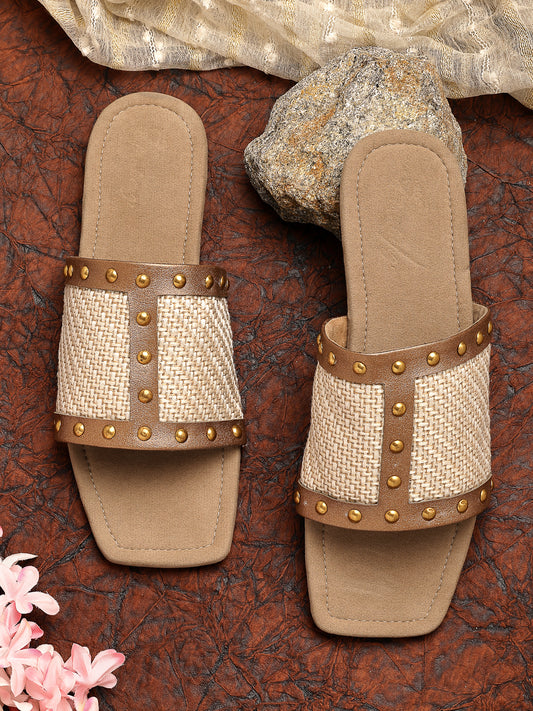 Cane Woven Gold Studs Flat- Tan
