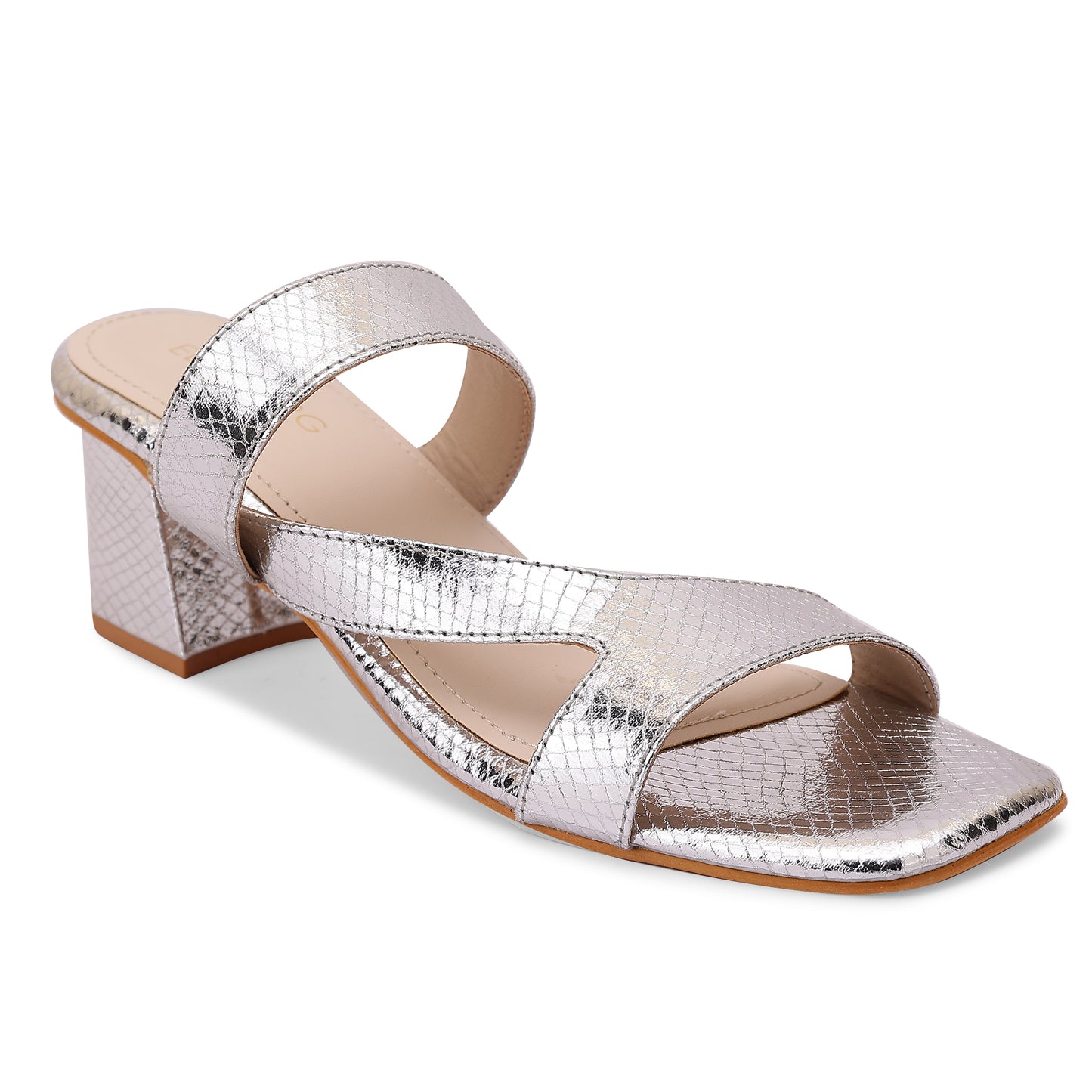 Halo Asymmetrical Strap Block Heel- Silver