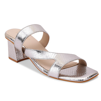 Halo Asymmetrical Strap Block Heel- Silver