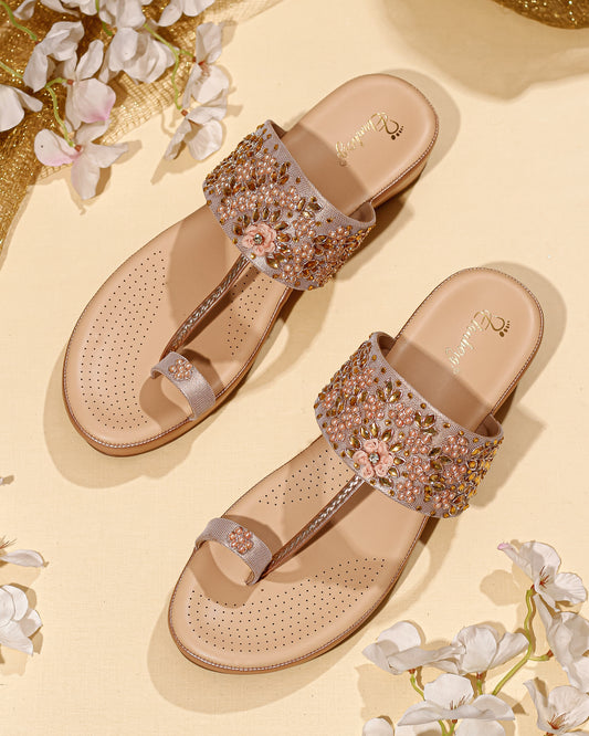 Elanberg Rose Gold Beaded T-Strap Heels