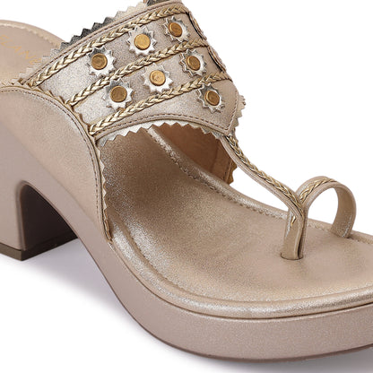 Hemshri Kohlapuri Block Heel- Champagne