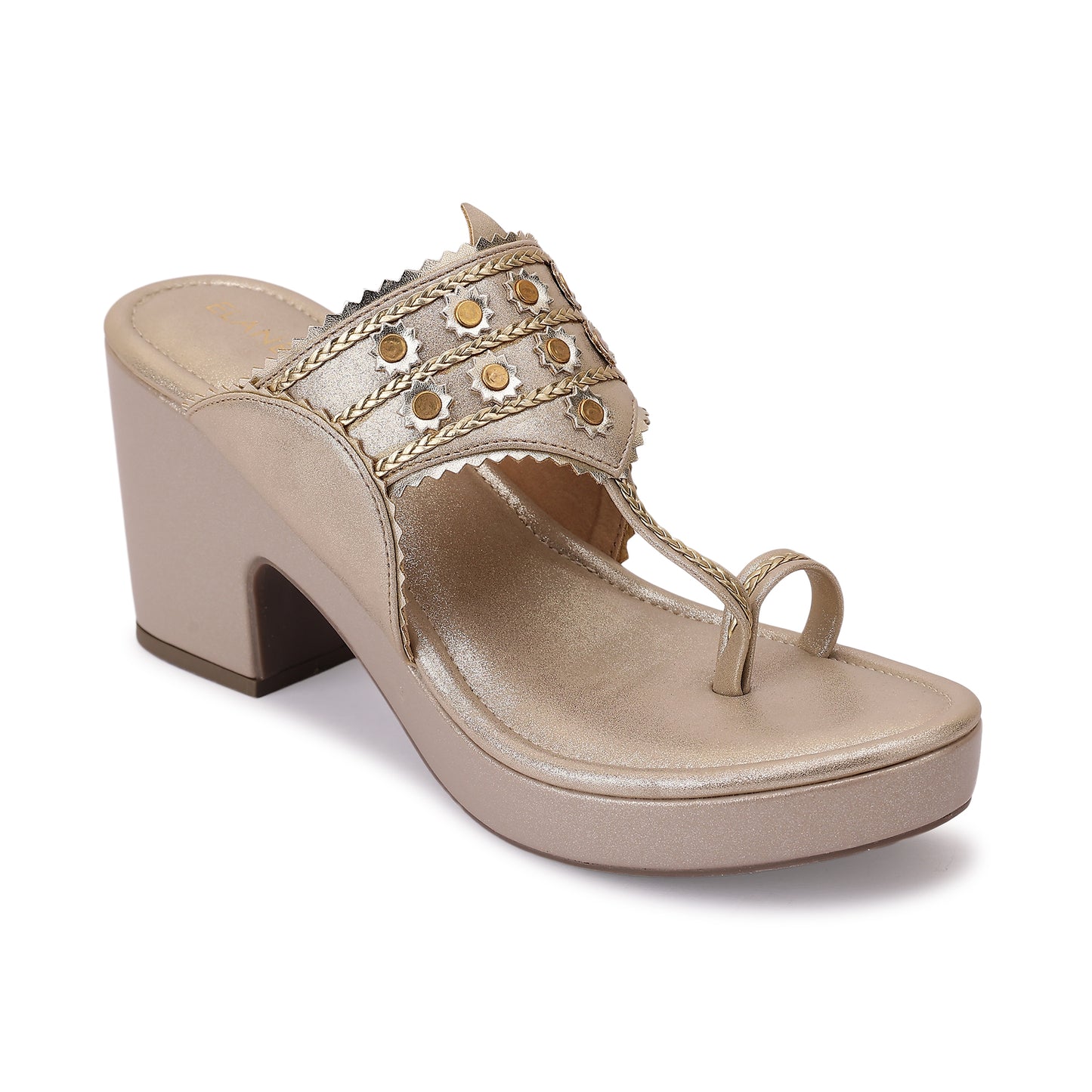 Hemshri Kohlapuri Block Heel- Champagne