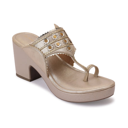 Hemshri Kohlapuri Block Heel- Champagne