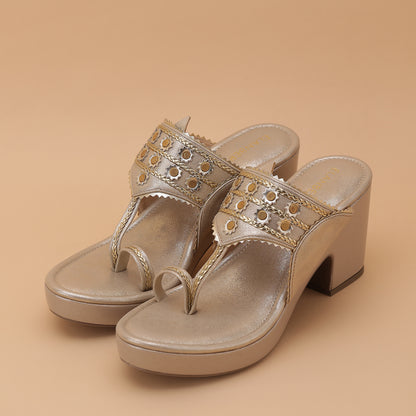 Hemshri Kohlapuri Block Heel- Champagne