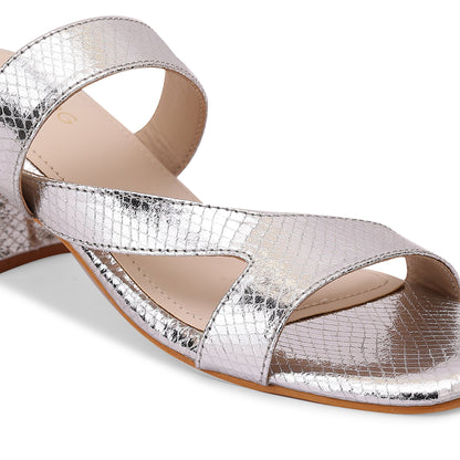 Halo Asymmetrical Strap Block Heel- Silver