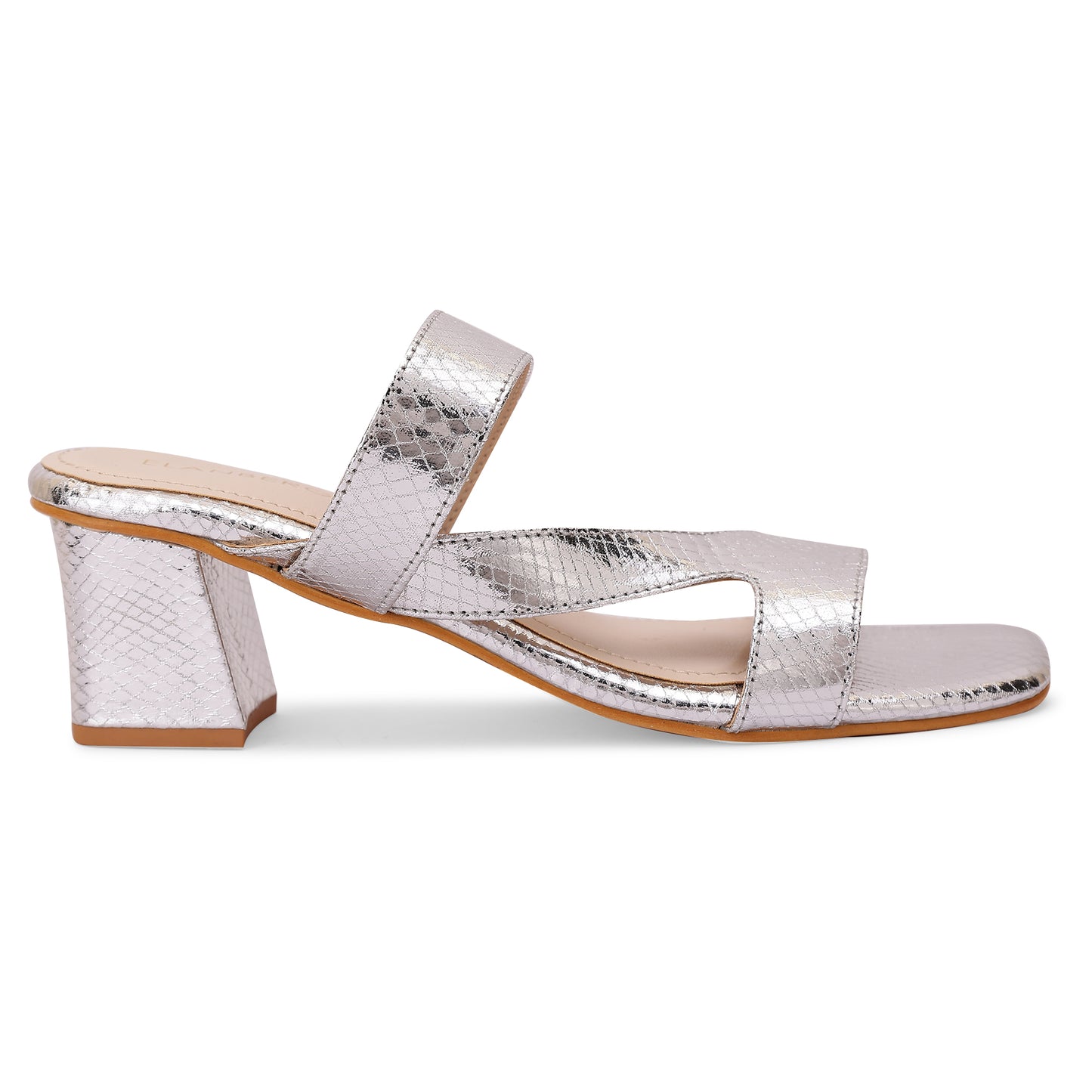 Halo Asymmetrical Strap Block Heel- Silver