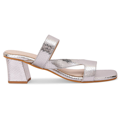 Halo Asymmetrical Strap Block Heel- Silver