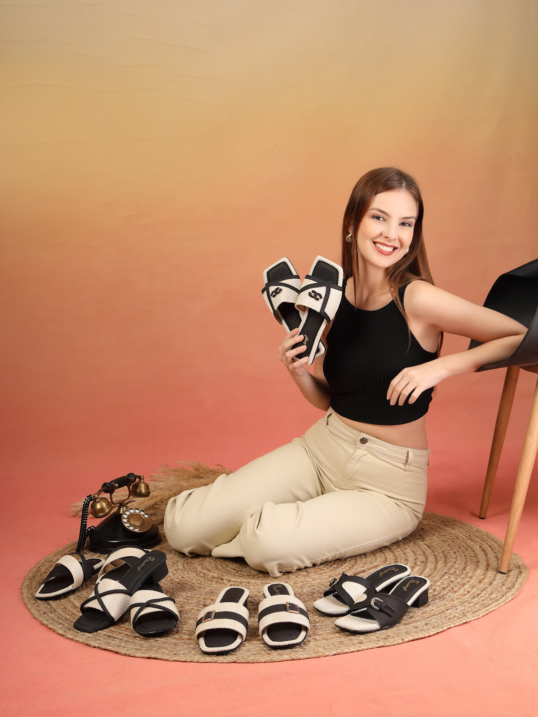 Noirix - Woven Corded Crisscross Block Heel Slides (Black & Beige)