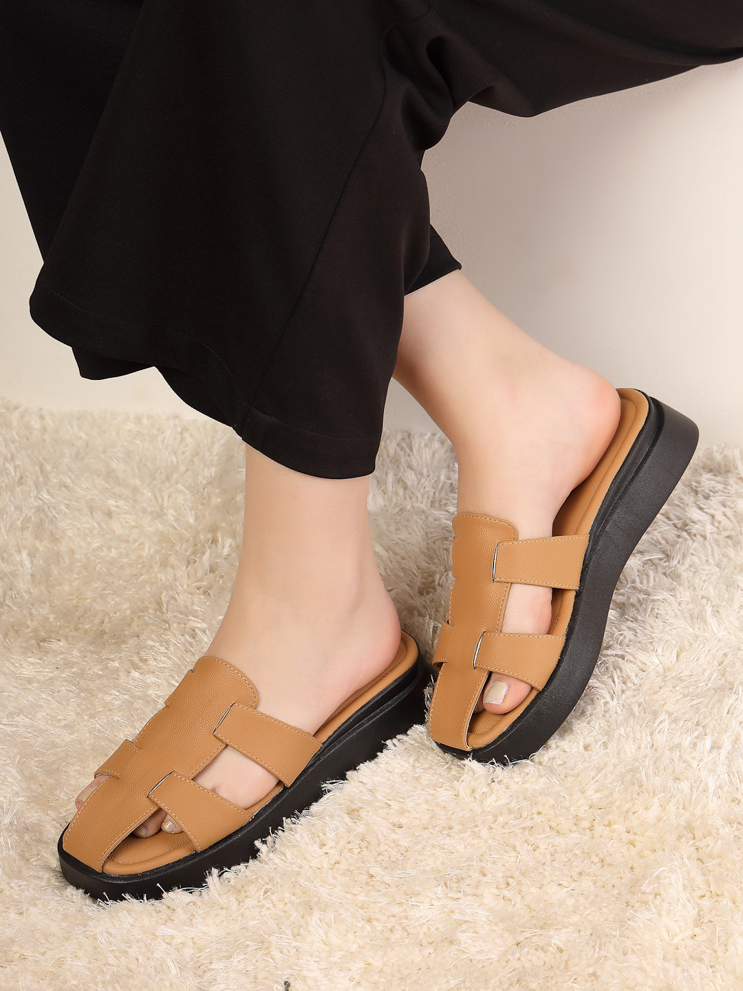 Terrado - Structured Tan Cross-Strap Platform Slides (Black Sole Edition)