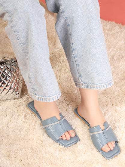 Ocevia - Women’s Blue Lizard-Texture Crystal (Accent Flats)