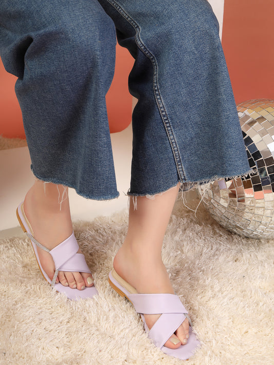 Elyra - Women’s Lavender Crystal-Accent Flats with Cross Straps- Collection: Pastel Radiance