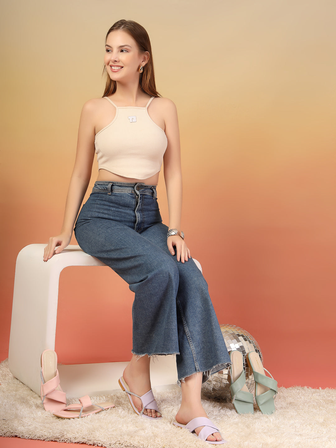 Calyra - Women’s Pastel  Sea Green Crystal-Accent Flats with Cross Straps- Collection: Pastel Radiance