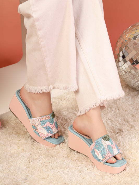 Celestia - Pastel Embroidered Wedge Heels (Pink & Powder Blue)
