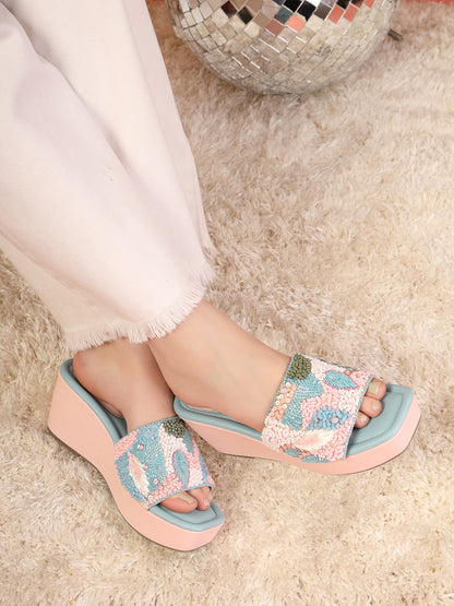Celestia - Pastel Embroidered Wedge Heels (Pink & Powder Blue)