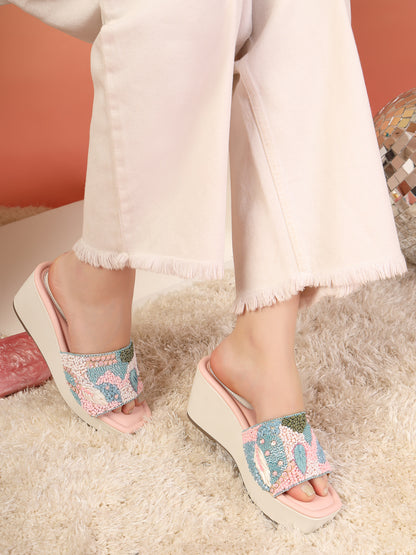 Lumira - Pastel Embroidered Wedge Heels (White & Pink)
