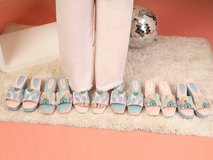 Celestia - Pastel Embroidered Wedge Heels (Pink & Powder Blue)