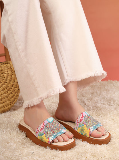 Floranza - Embroidered Floral Platform Slides (Multicolor)