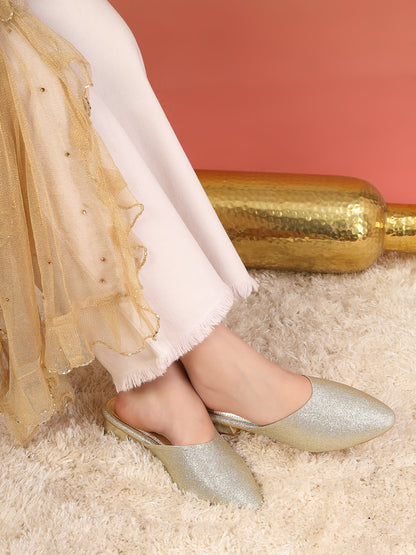 Lustara - Women’s Light Gold Shimmer Round Pointed (Toe Mules with Metallic Block Heel)