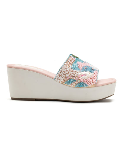 Lumira - Pastel Embroidered Wedge Heels (White & Pink)