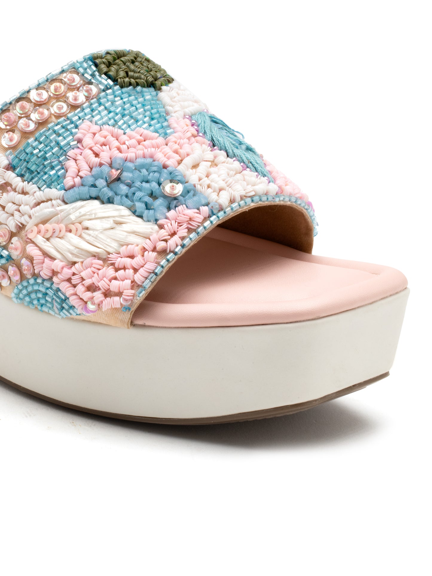 Lumira - Pastel Embroidered Wedge Heels (White & Pink)