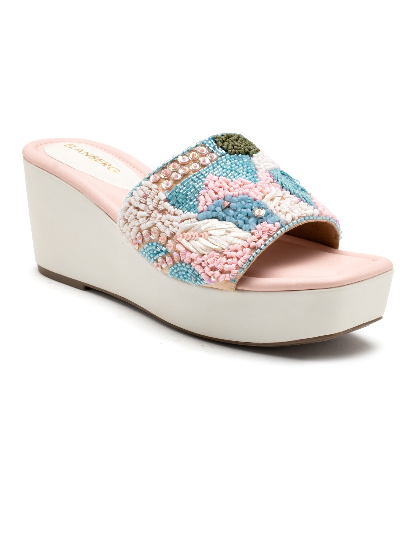 Lumira - Pastel Embroidered Wedge Heels (White & Pink)