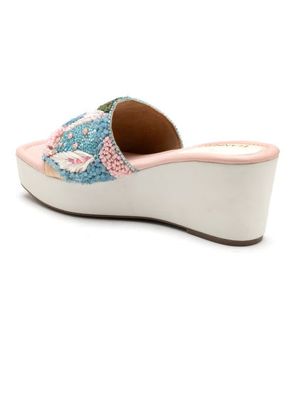 Lumira - Pastel Embroidered Wedge Heels (White & Pink)