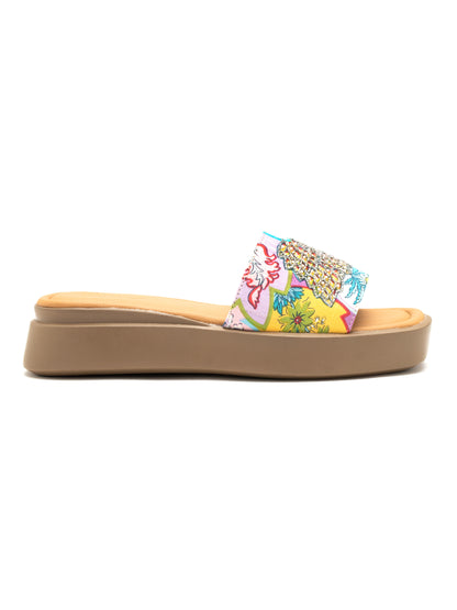 Floriva - Embroidered Floral Platform Slides ( Multicolor )