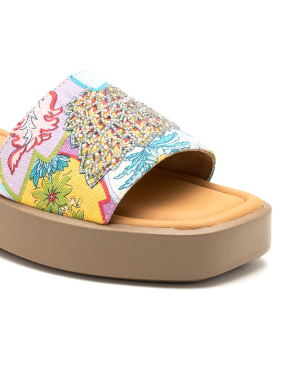 Floriva - Embroidered Floral Platform Slides ( Multicolor )
