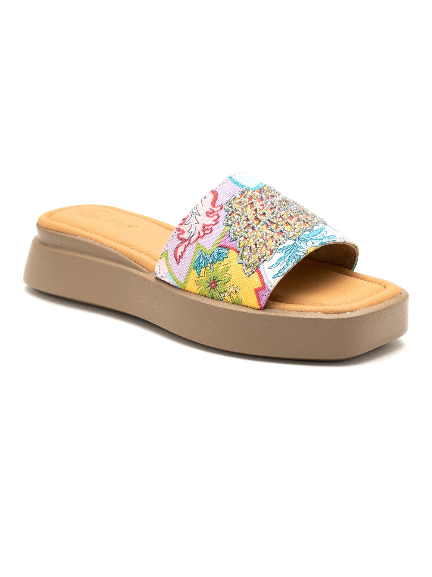 Floriva - Embroidered Floral Platform Slides ( Multicolor )