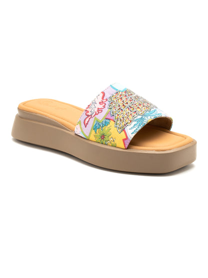 Floriva - Embroidered Floral Platform Slides ( Multicolor )