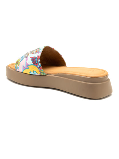 Floriva - Embroidered Floral Platform Slides ( Multicolor )