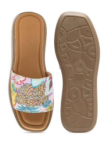Floriva - Embroidered Floral Platform Slides ( Multicolor )