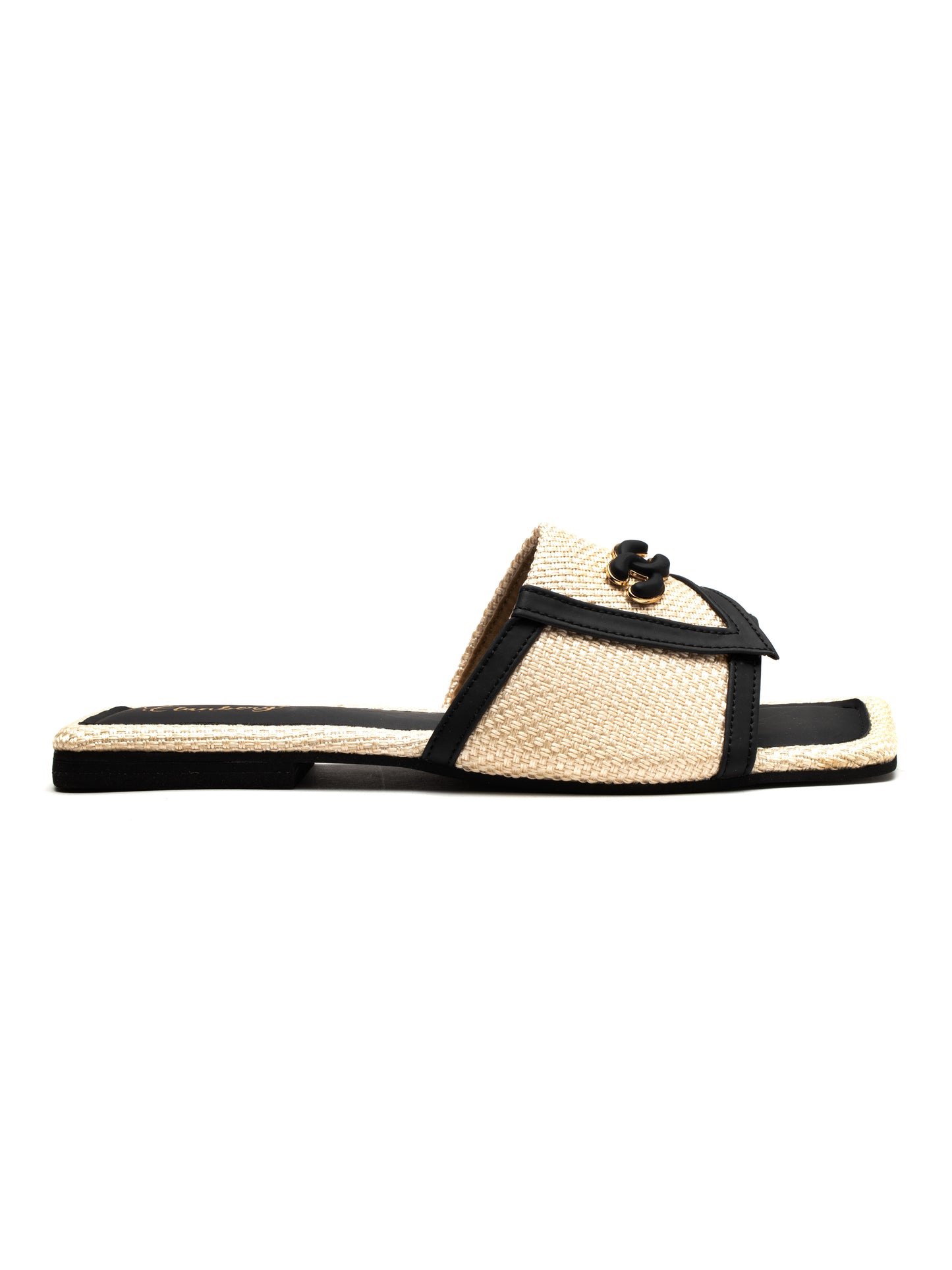 Onyxa - Square Toe Slip-On Woven Charm Buckle Flats (Black & Beige)