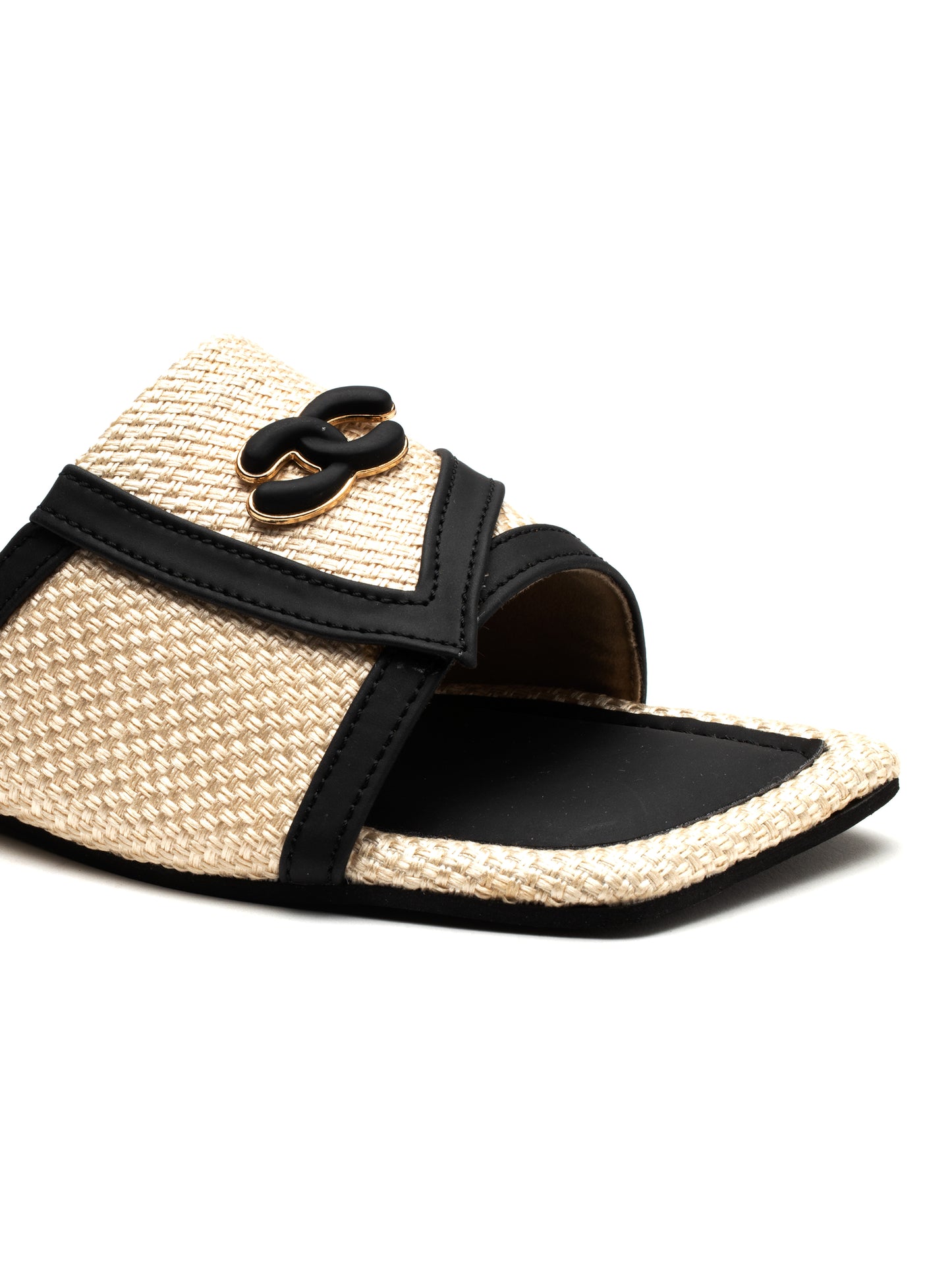 Onyxa - Square Toe Slip-On Woven Charm Buckle Flats (Black & Beige)