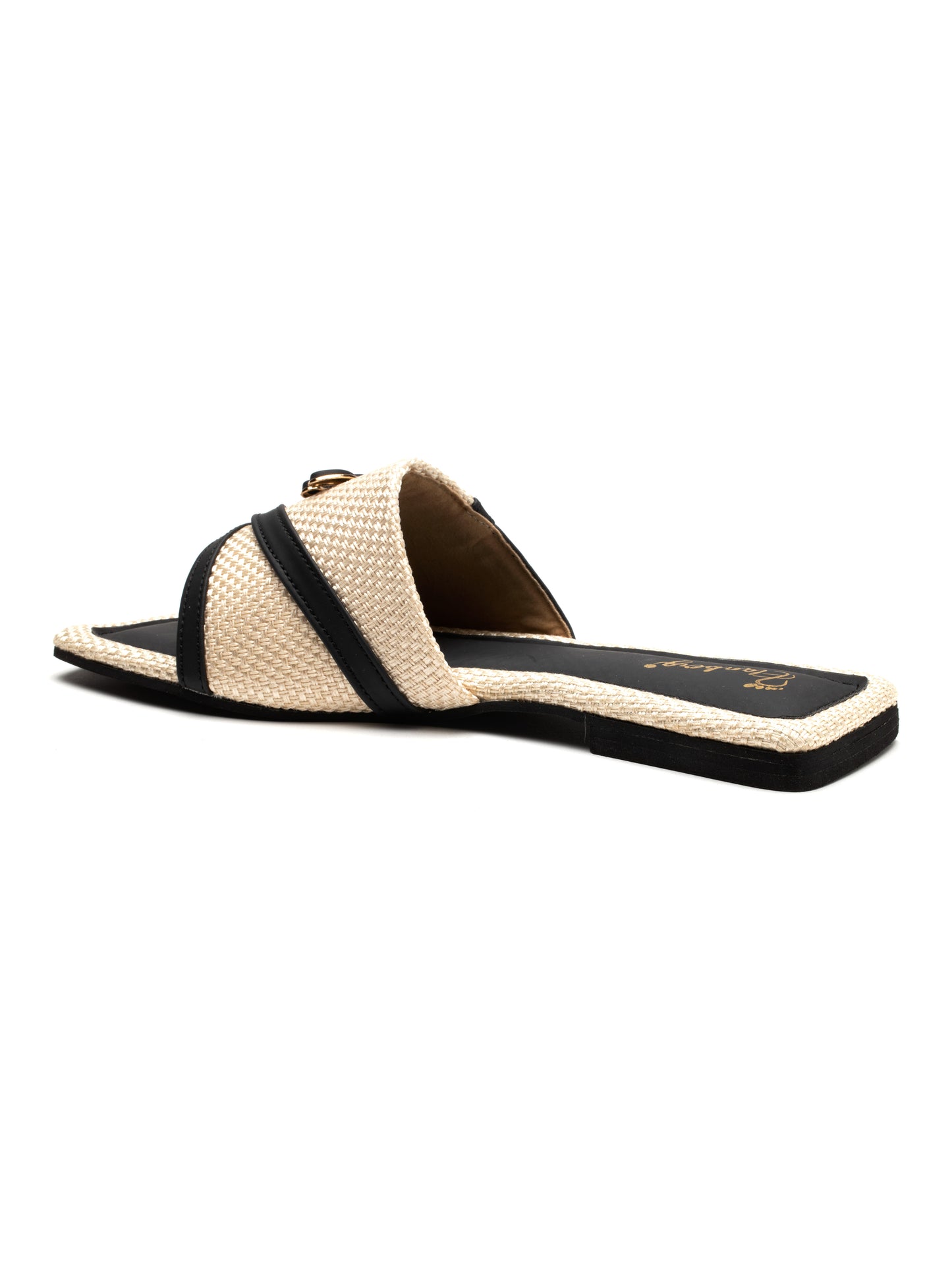 Onyxa - Square Toe Slip-On Woven Charm Buckle Flats (Black & Beige)