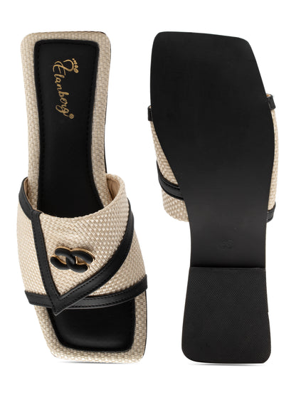 Onyxa - Square Toe Slip-On Woven Charm Buckle Flats (Black & Beige)