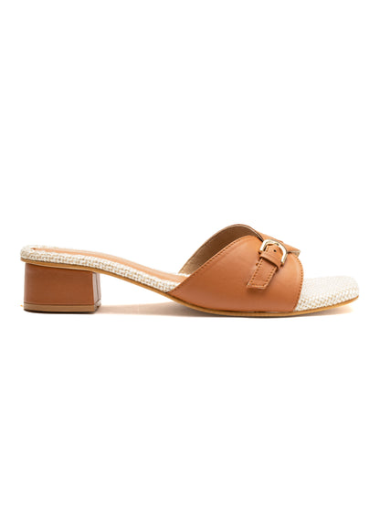 Stravine - Buckled Wrap Block Heels (Tan & Beige)