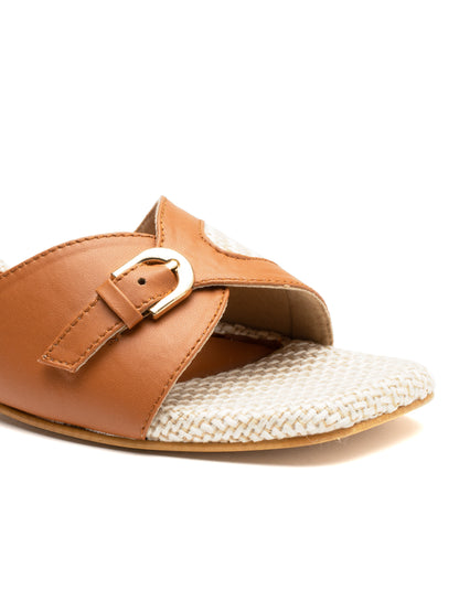 Stravine - Buckled Wrap Block Heels (Tan & Beige)