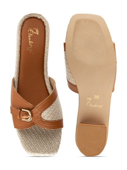 Stravine - Buckled Wrap Block Heels (Tan & Beige)